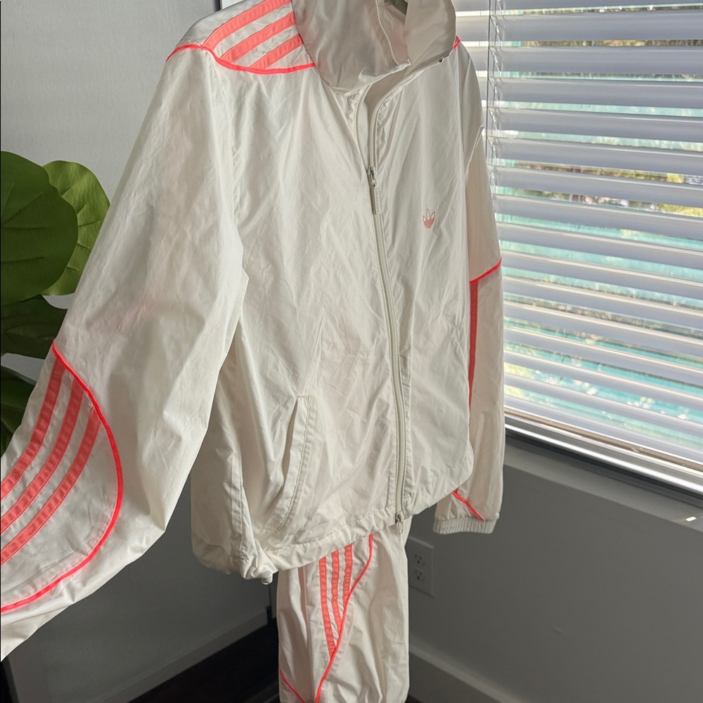 adidas Women's White and Neon Pink  Jacket and pants.